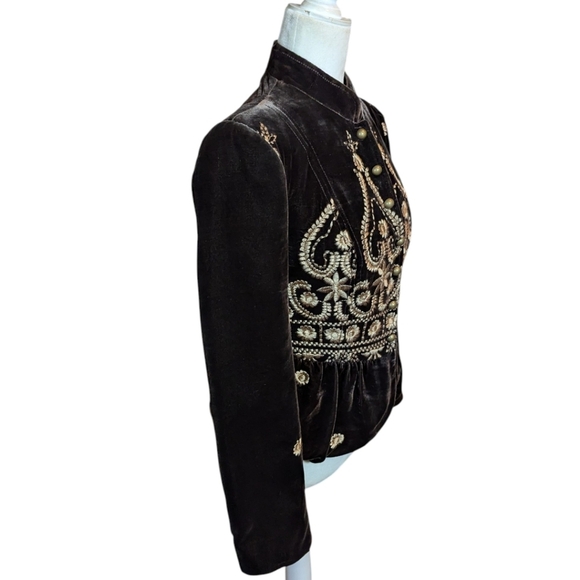 People Like Frank Anthropologie Brown Peplem Velvet Blazer Gold Embroidery Sz XS - Picture 4 of 14